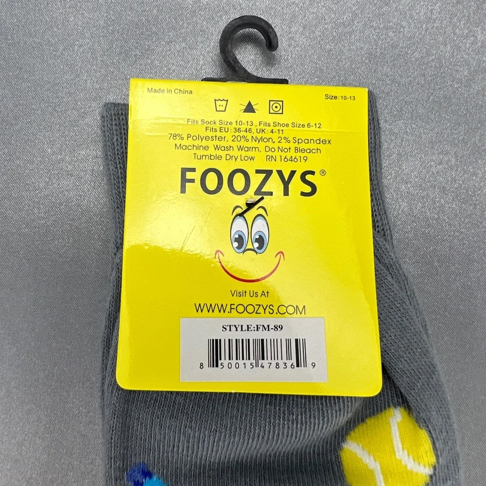 Foozys Unisex Tennis Racquet and Ball Crew Socks Gray Novelty Sports Gifts NWT